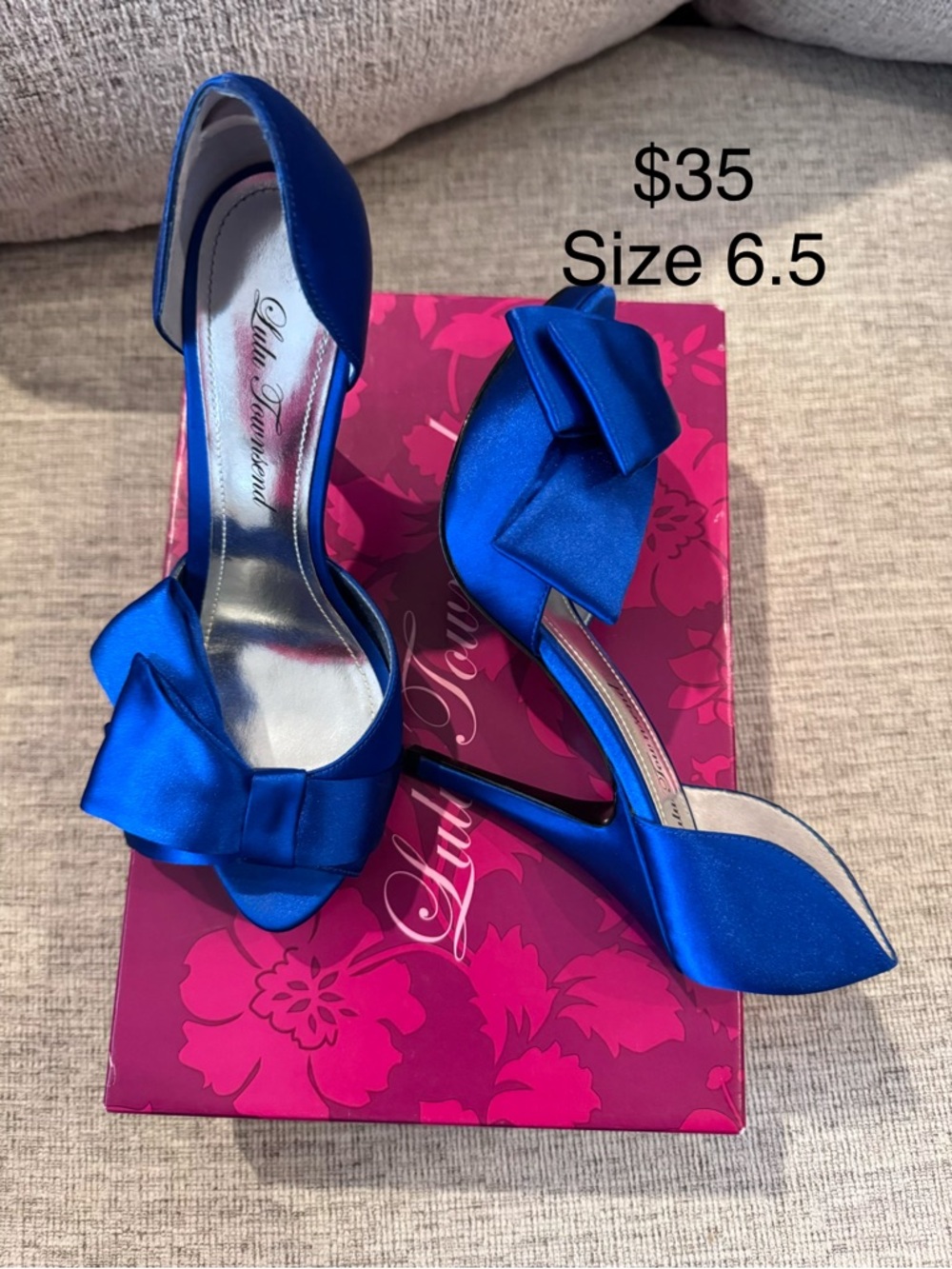 Lulu Townsend Royal Blue Satin Bow D'Orsay Heels